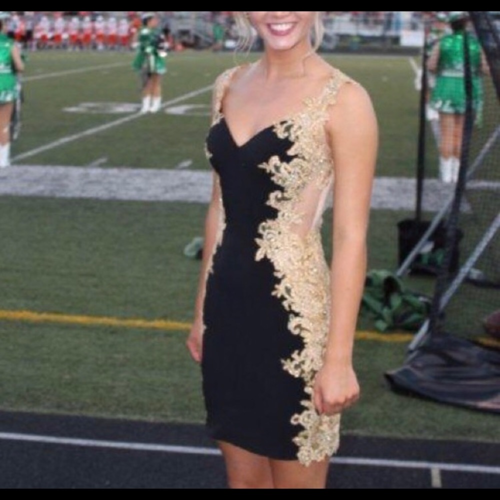 Black fitted Jovani dress with gold sides